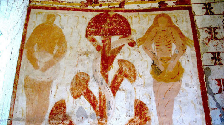 A plaincourault-i kápolna freskója Ádámmal, Évával és a Jó és Rossz tudásának FájávalFotó: Aranthama - Wikipedia